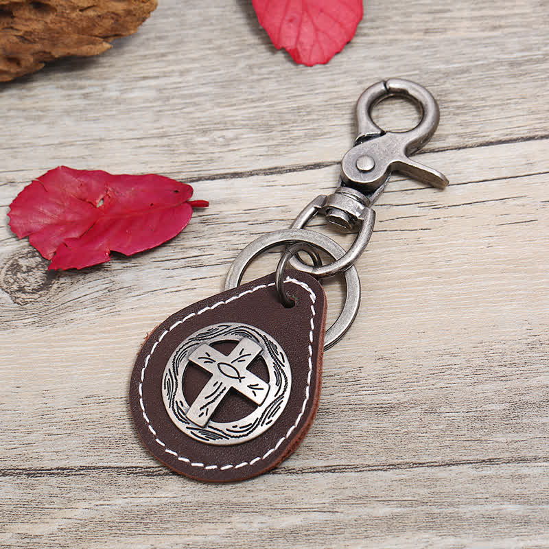 Retro Cross Hanging Pendant Leather Keychain - Image 4