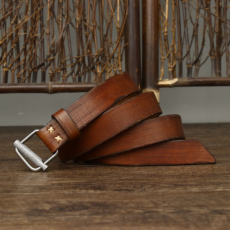 Retro Distressed Adjustable Smooth Buckle Leather Belt - Image 11