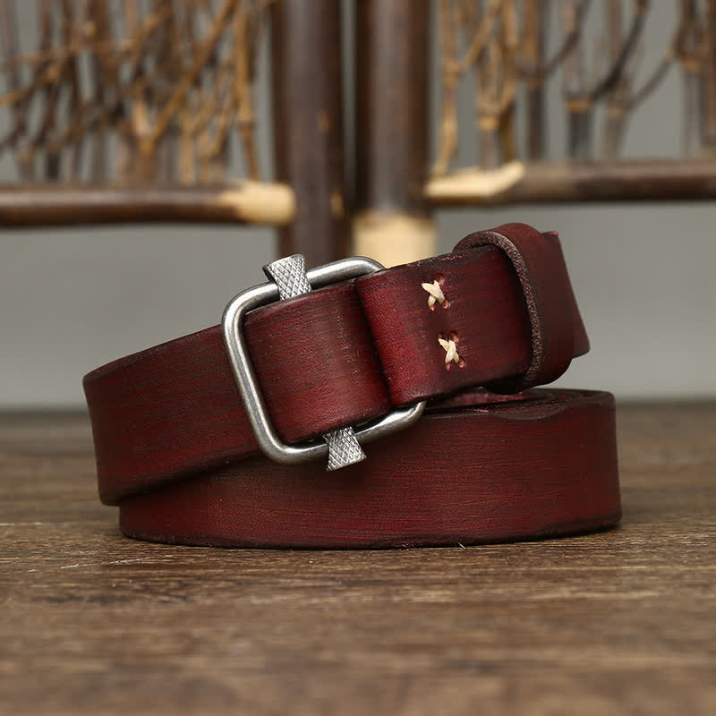 Retro Distressed Adjustable Smooth Buckle Leather Belt - Image 12