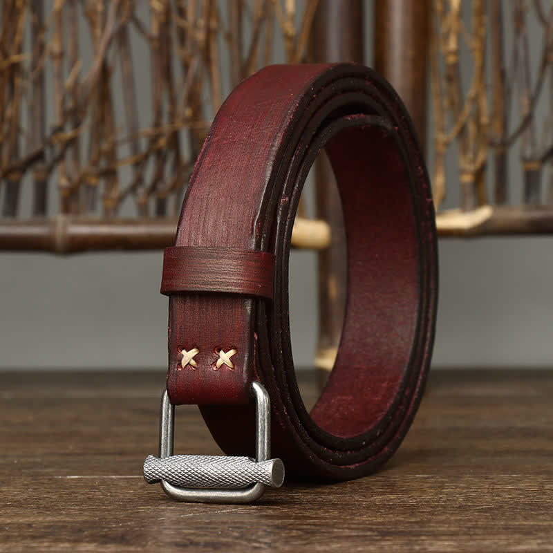 Retro Distressed Adjustable Smooth Buckle Leather Belt - Image 13