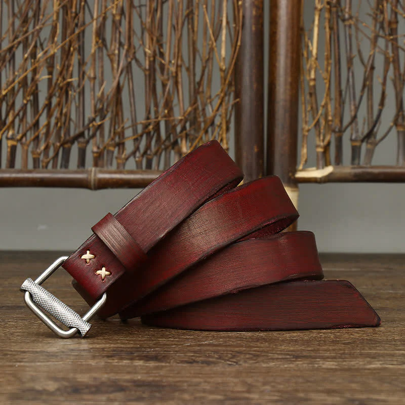 Retro Distressed Adjustable Smooth Buckle Leather Belt - Image 14