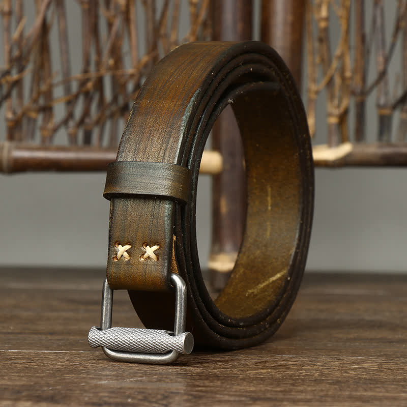 Retro Distressed Adjustable Smooth Buckle Leather Belt - Image 16