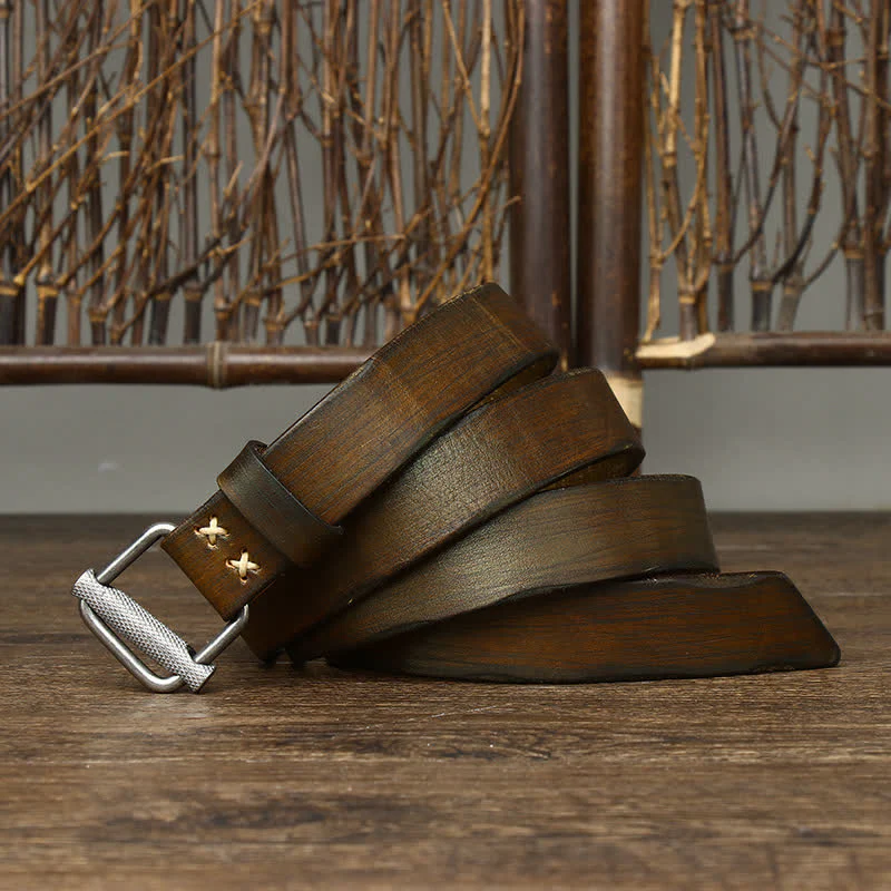 Retro Distressed Adjustable Smooth Buckle Leather Belt - Image 17