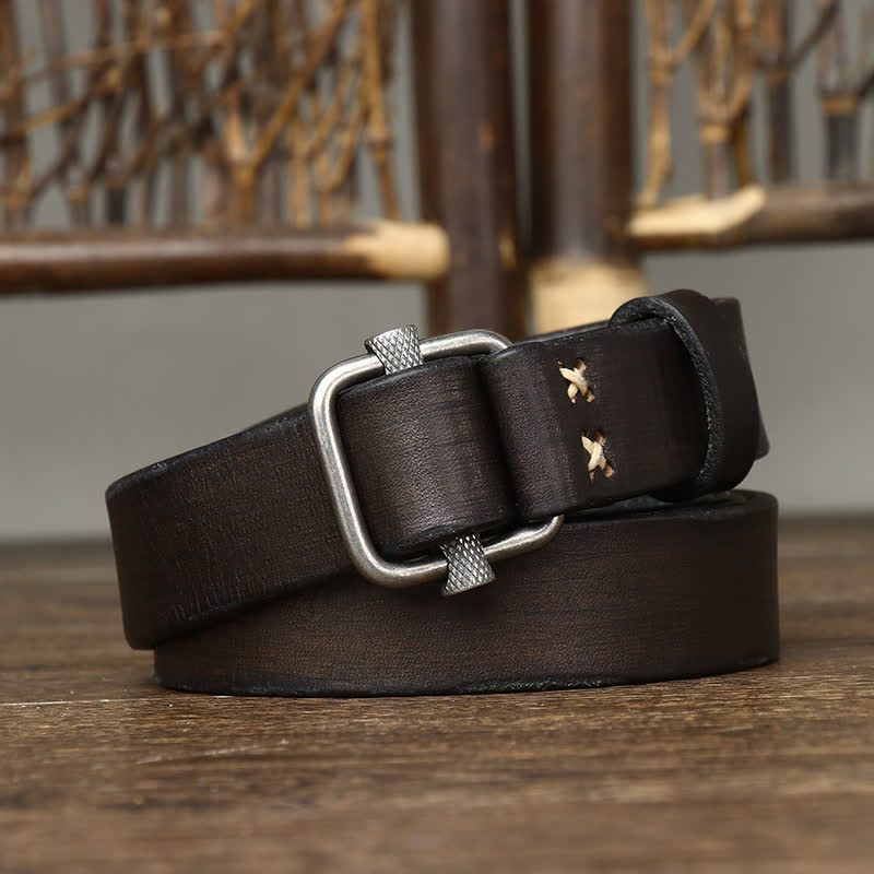 Retro Distressed Adjustable Smooth Buckle Leather Belt - Image 6
