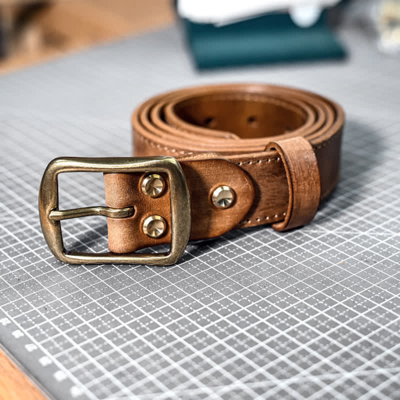 Retro Distressed Brass Buckle Hand-Made Stitching Leather Belt - Image 2