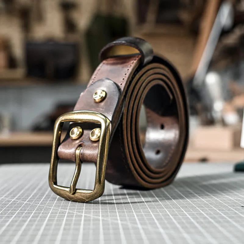 Retro Distressed Brass Buckle Hand-Made Stitching Leather Belt - Image 6