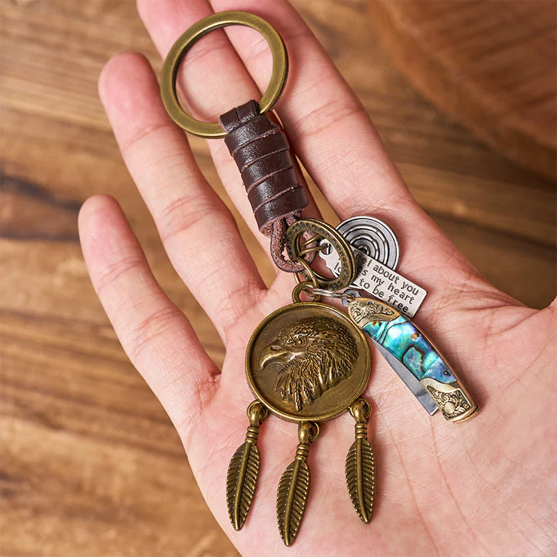 Retro Eagle Head Round Pendant Shell Texture Folding Knife Keychain - Image 3