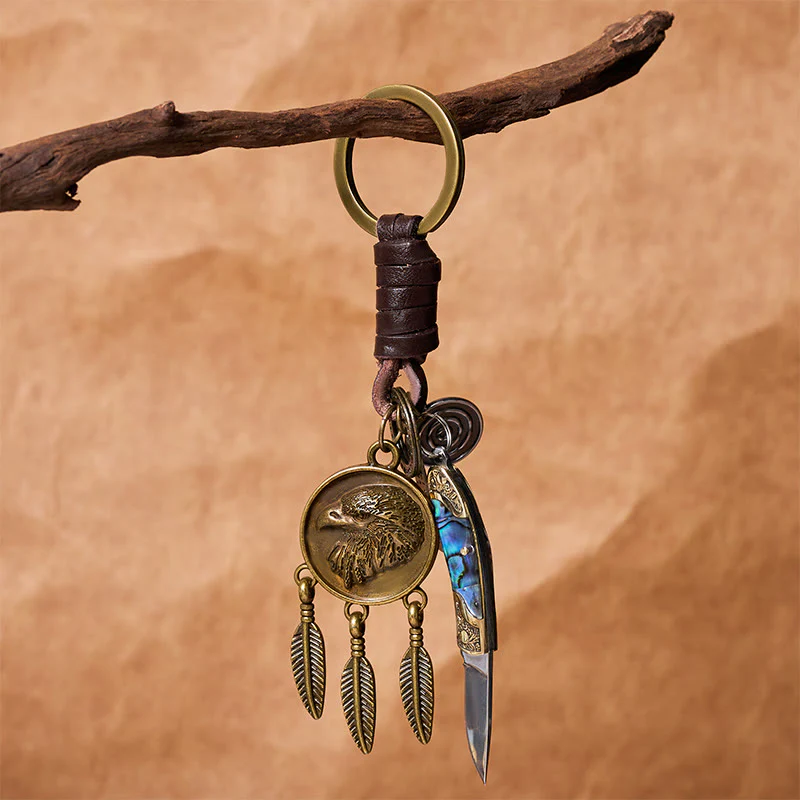 Retro Eagle Head Round Pendant Shell Texture Folding Knife Keychain - Image 4