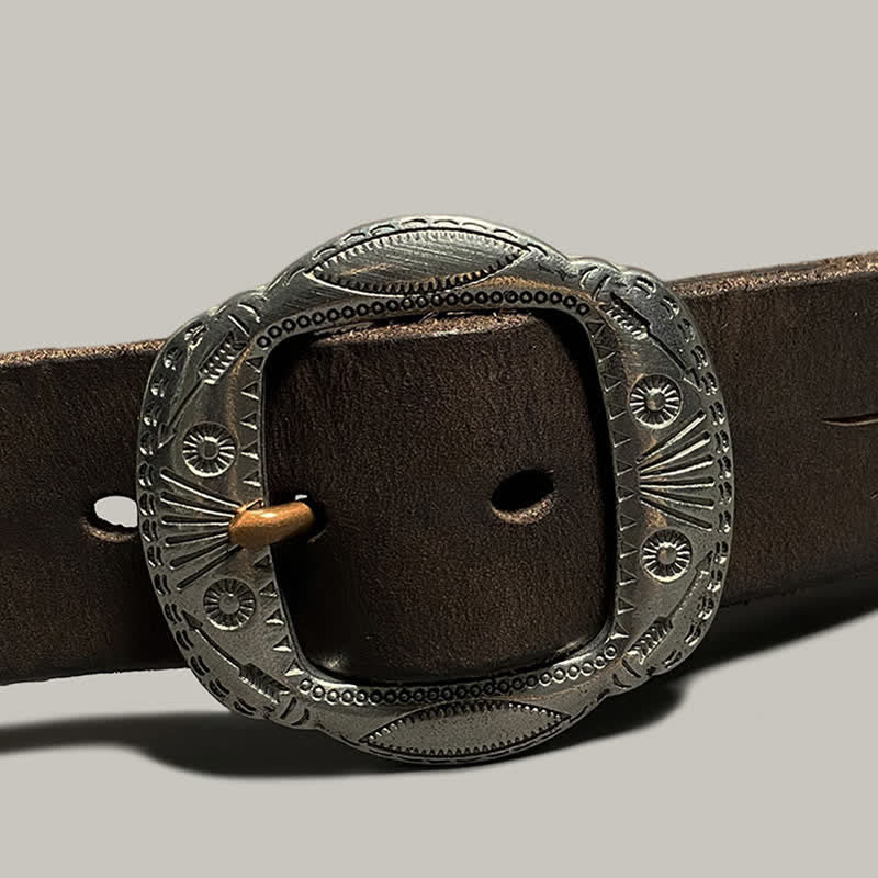 Retro Embossed Sun Pattern Silver Buckle Leather Belt - Image 14