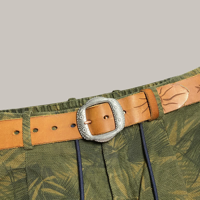 Retro Embossed Sun Pattern Silver Buckle Leather Belt - Image 2