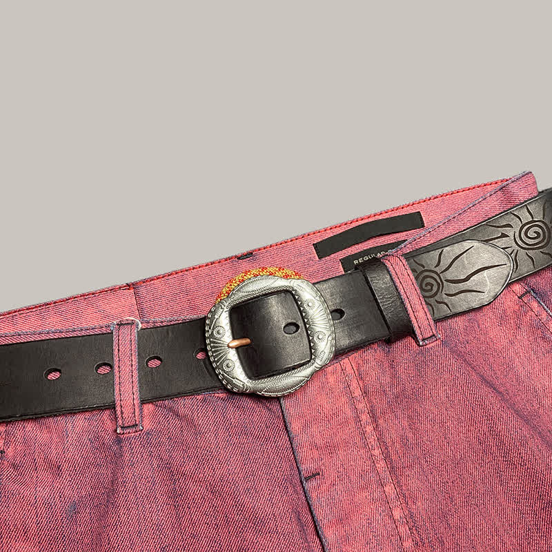 Retro Embossed Sun Pattern Silver Buckle Leather Belt - Image 20