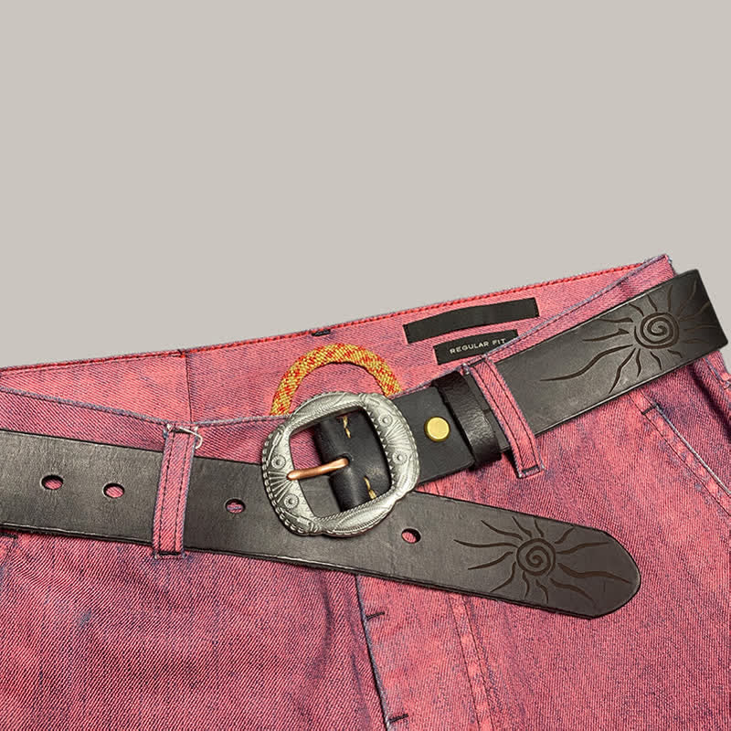 Retro Embossed Sun Pattern Silver Buckle Leather Belt - Image 21