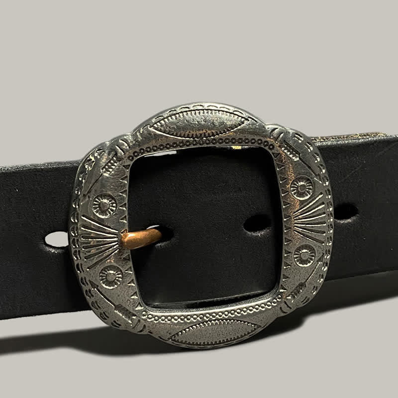 Retro Embossed Sun Pattern Silver Buckle Leather Belt - Image 24