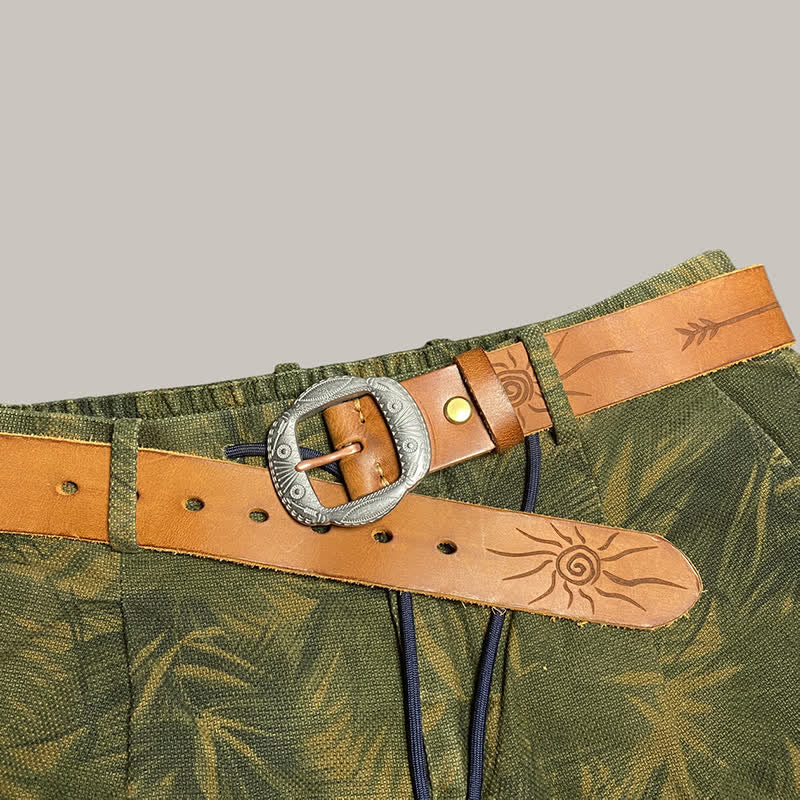 Retro Embossed Sun Pattern Silver Buckle Leather Belt - Image 3