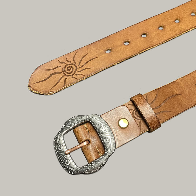 Retro Embossed Sun Pattern Silver Buckle Leather Belt - Image 4