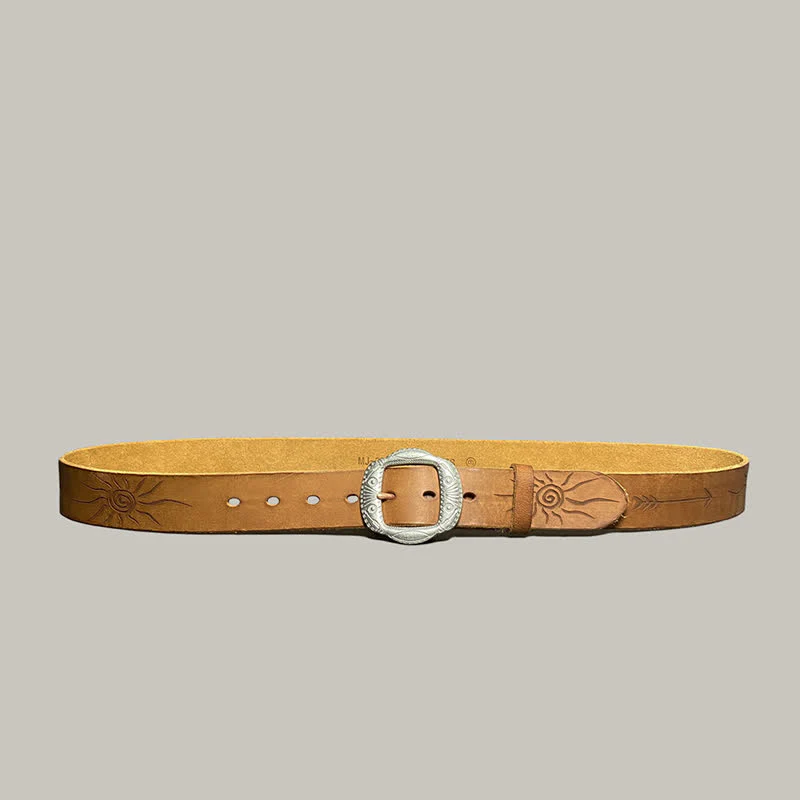 Retro Embossed Sun Pattern Silver Buckle Leather Belt - Image 5