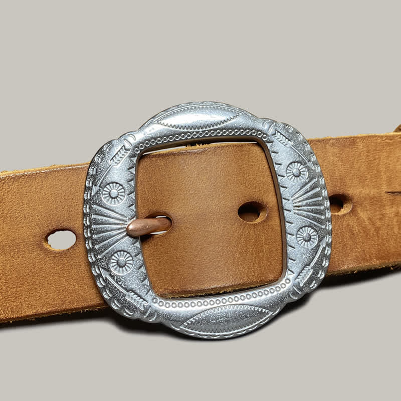 Retro Embossed Sun Pattern Silver Buckle Leather Belt - Image 6