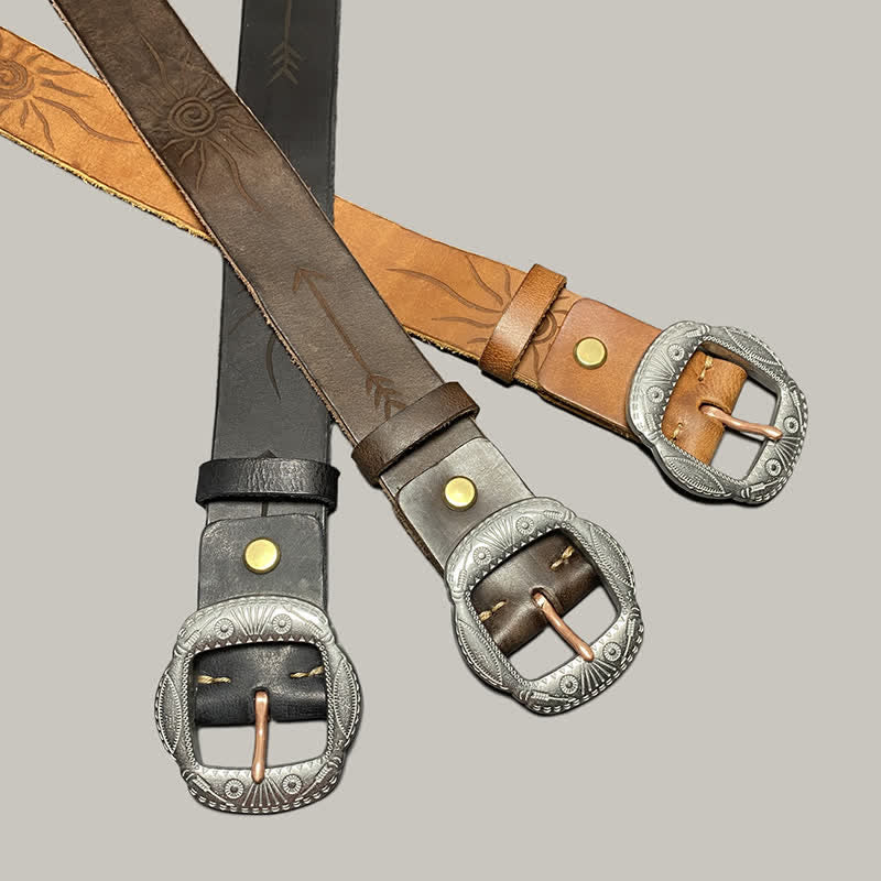 Retro Embossed Sun Pattern Silver Buckle Leather Belt - Image 8