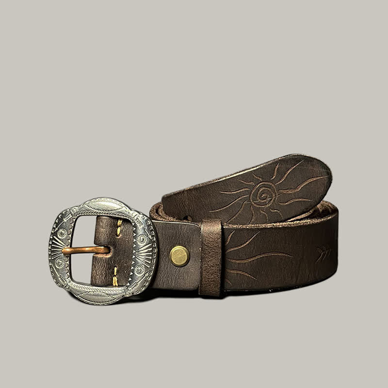 Retro Embossed Sun Pattern Silver Buckle Leather Belt - Image 9