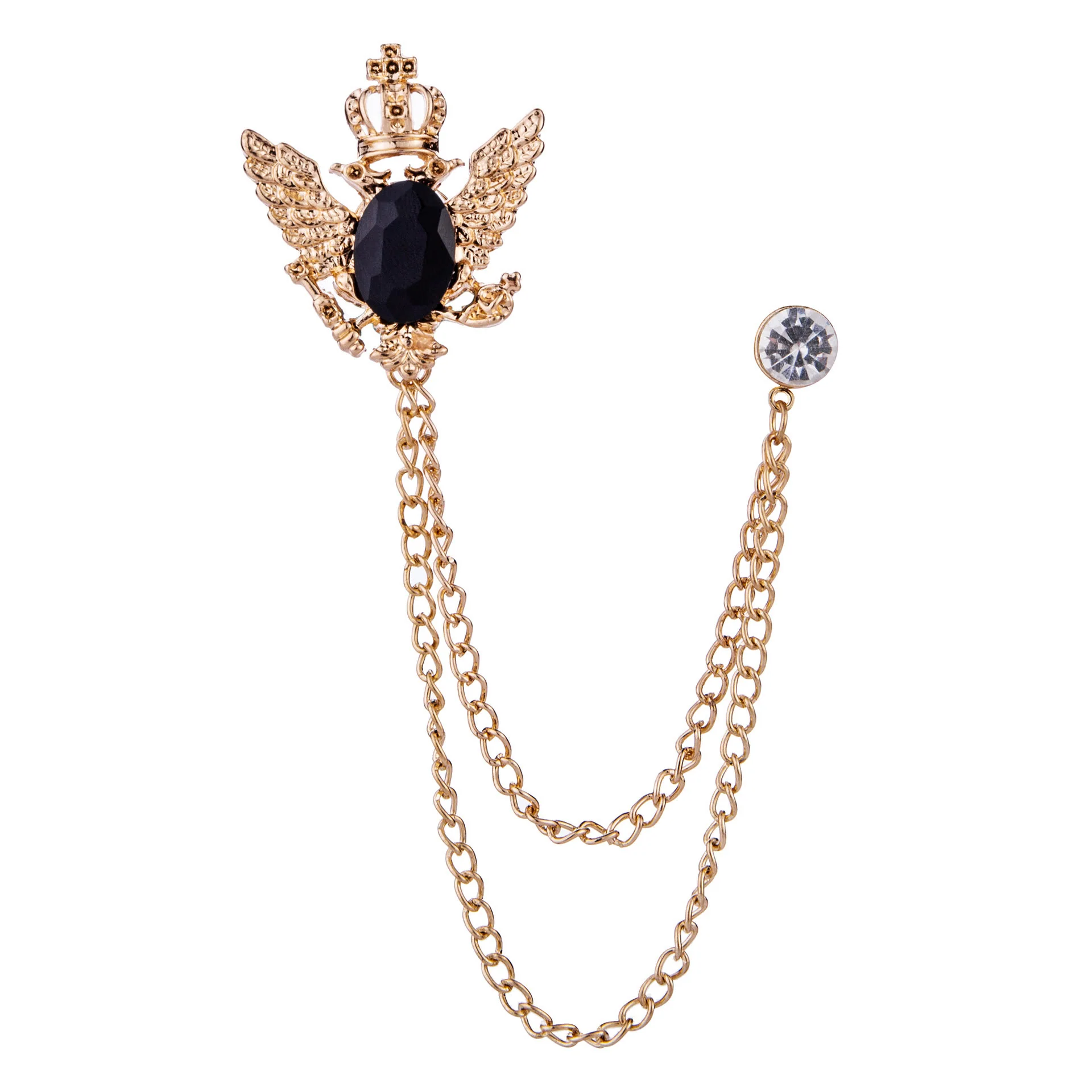 Retro Gem-Adorned Eagle and Crown Double-Chain Gold Accent Brooch - Image 3