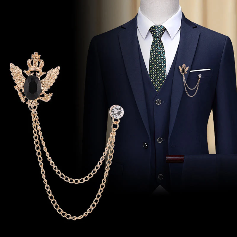 Retro Gem-Adorned Eagle and Crown Double-Chain Gold Accent Brooch - Image 4