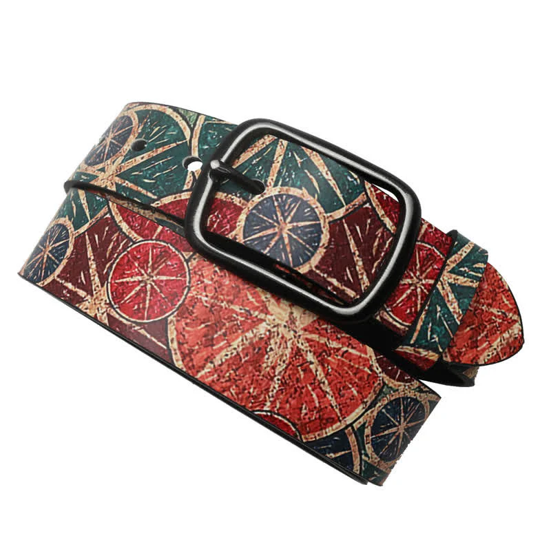 Retro Green & Orange Lemon Printed Leather Belt - Image 3