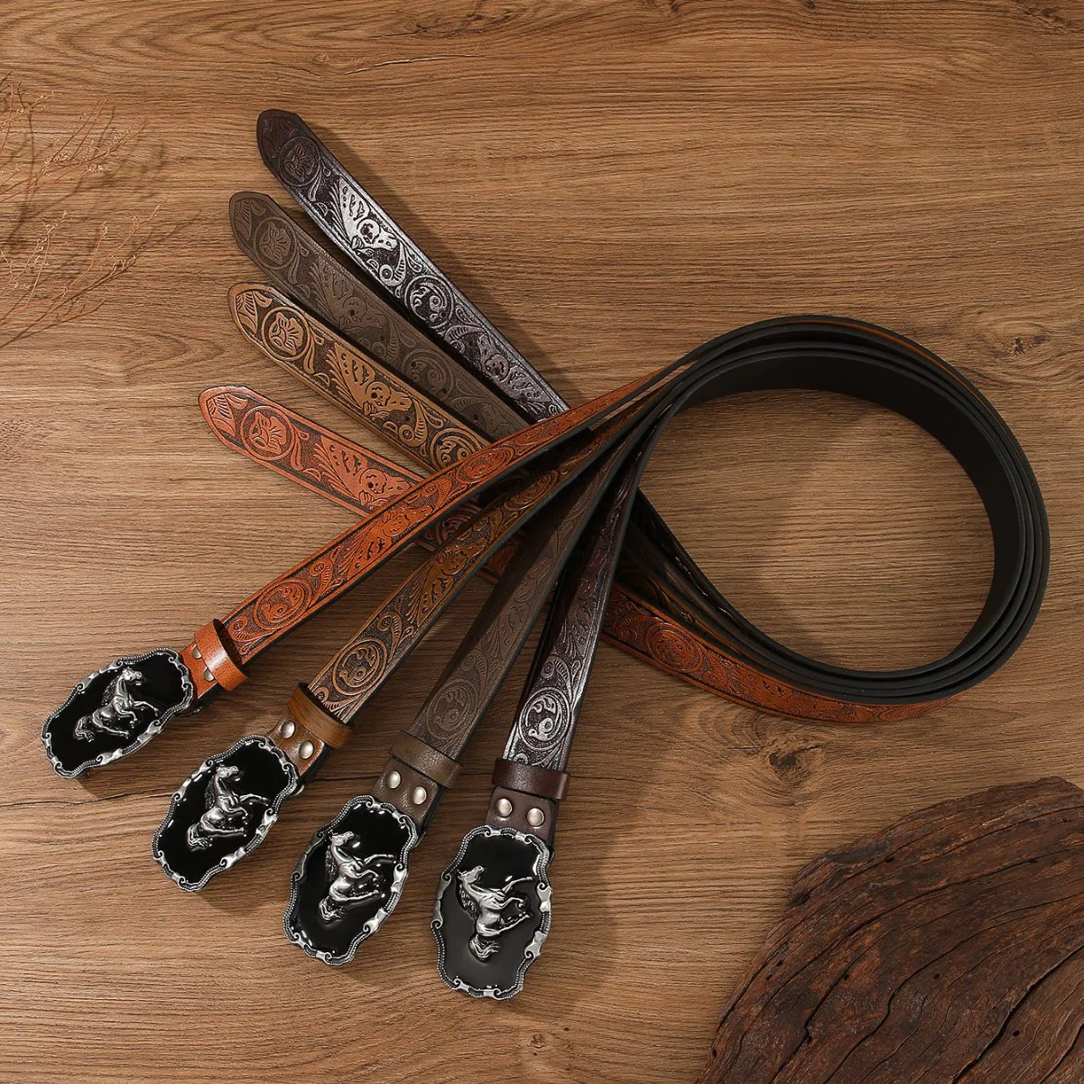Retro Horse Embellished Buckle Patterned Multi Color Holeless Leather Belt