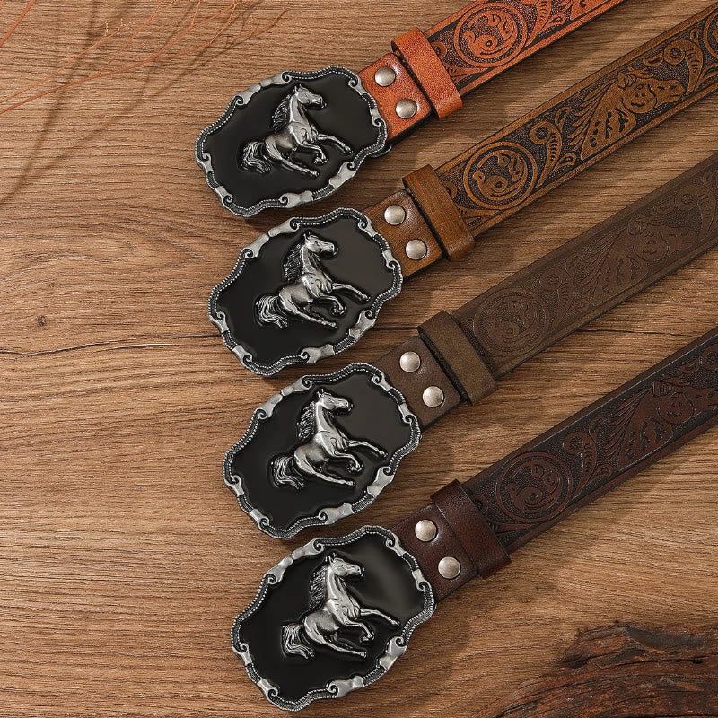 Retro Horse Embellished Buckle Patterned Multi Color Holeless Leather Belt - Image 2
