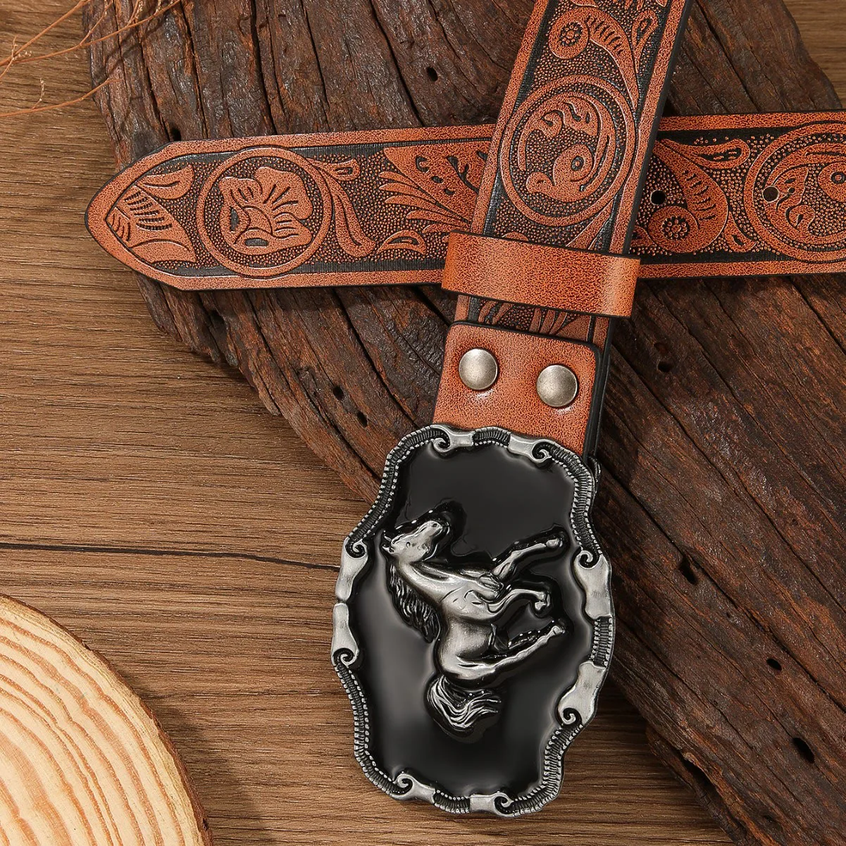 Retro Horse Embellished Buckle Patterned Multi Color Holeless Leather Belt - Image 5