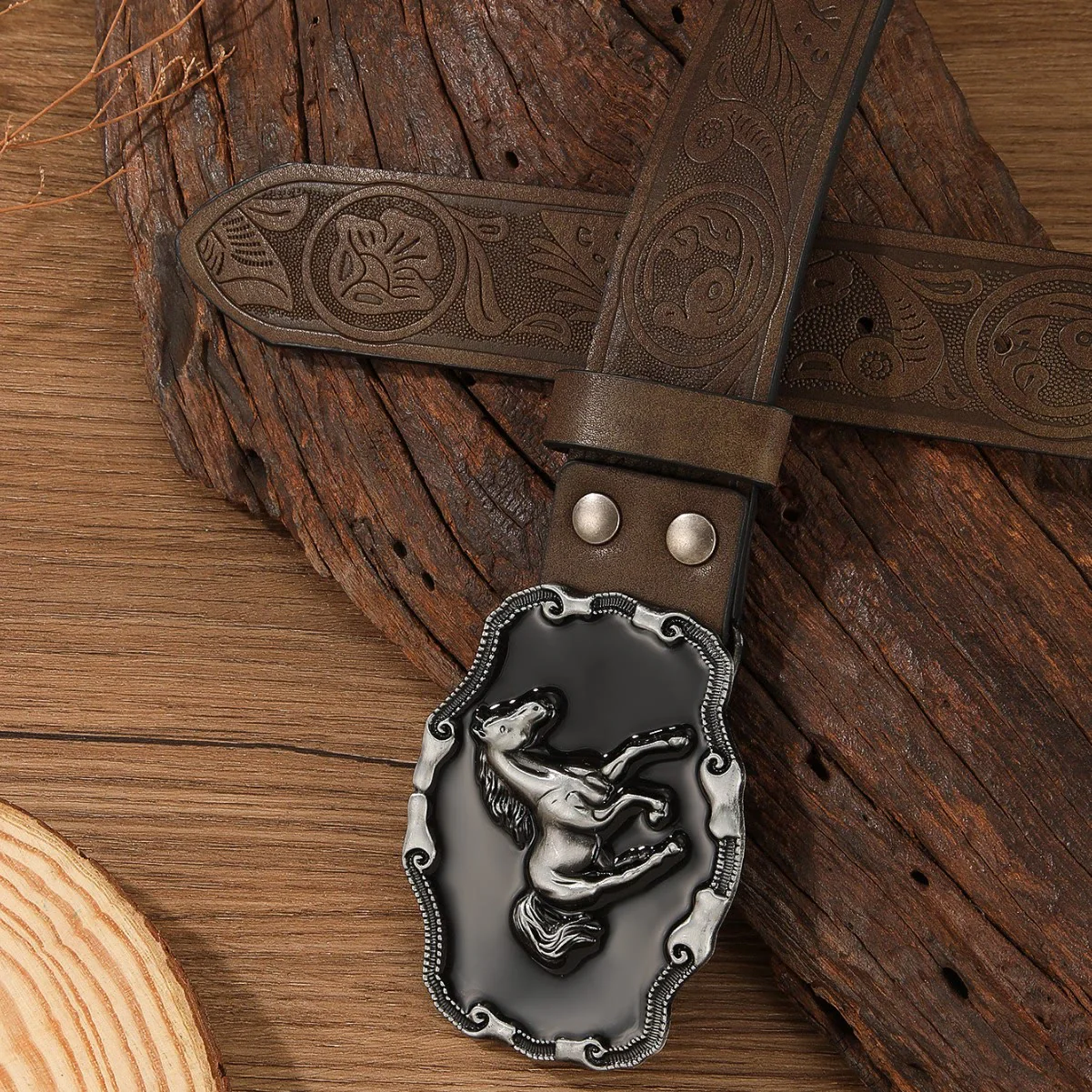 Retro Horse Embellished Buckle Patterned Multi Color Holeless Leather Belt - Image 6