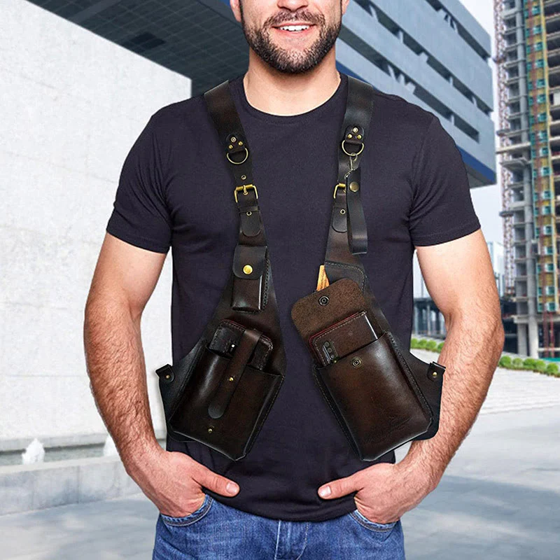 Retro Men's Leather Strap Phone Bag Underarm Button Shoulder Bag - Image 2