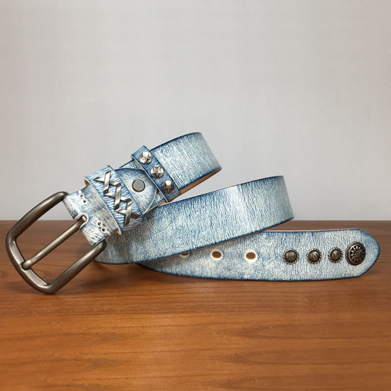 Retro Old White Rubbed Blue Silver Rivets Leather Belt - Image 2