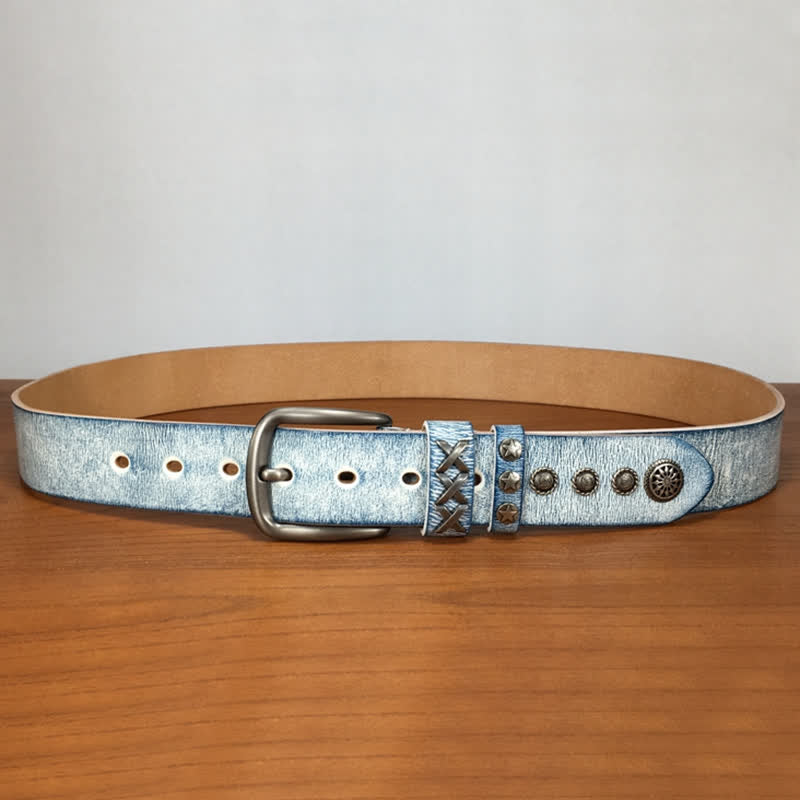 Retro Old White Rubbed Blue Silver Rivets Leather Belt - Image 3