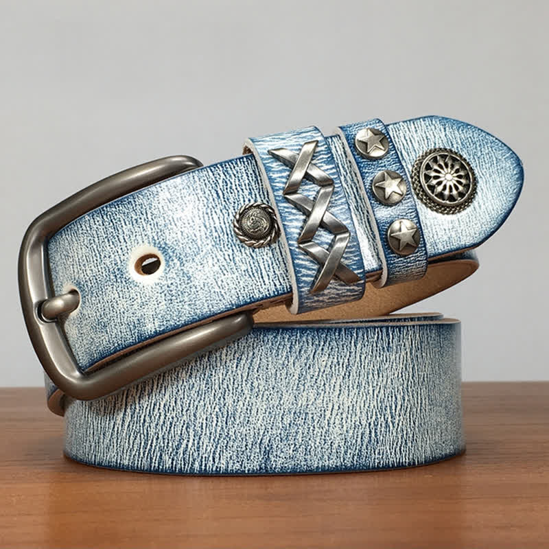 Retro Old White Rubbed Blue Silver Rivets Leather Belt - Image 4