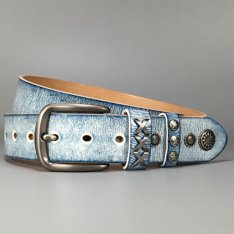 Retro Old White Rubbed Blue Silver Rivets Leather Belt - Image 6