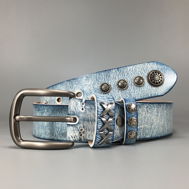 Retro Old White Rubbed Blue Silver Rivets Leather Belt - Image 7