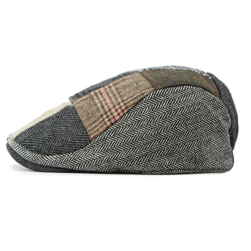 Retro Patchwork Plaid Herringbone Beret Hat - Image 11