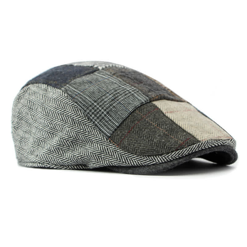 Retro Patchwork Plaid Herringbone Beret Hat - Image 9