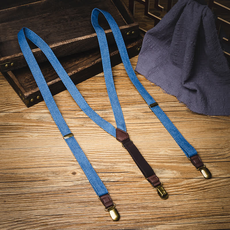 Retro Solid Blue Denim Y-back Elastic Suspenders