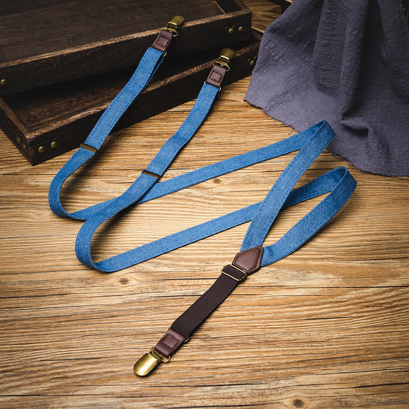 Retro Solid Blue Denim Y-back Elastic Suspenders - Image 2
