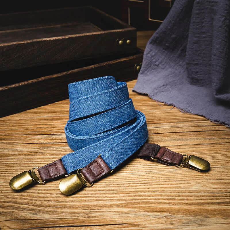 Retro Solid Blue Denim Y-back Elastic Suspenders - Image 3