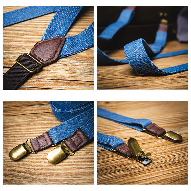 Retro Solid Blue Denim Y-back Elastic Suspenders - Image 4