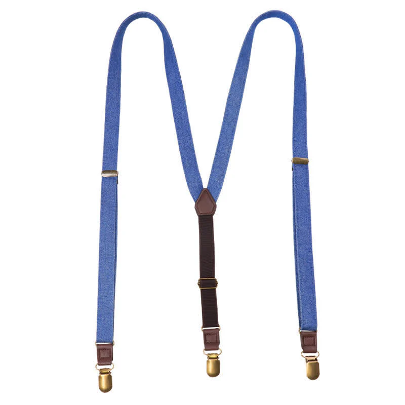Retro Solid Blue Denim Y-back Elastic Suspenders - Image 5