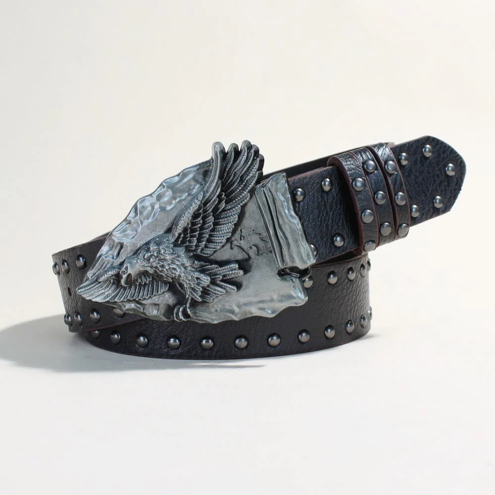 Retro Triangular Eagle Buckle Metal Rivet Black Belt
