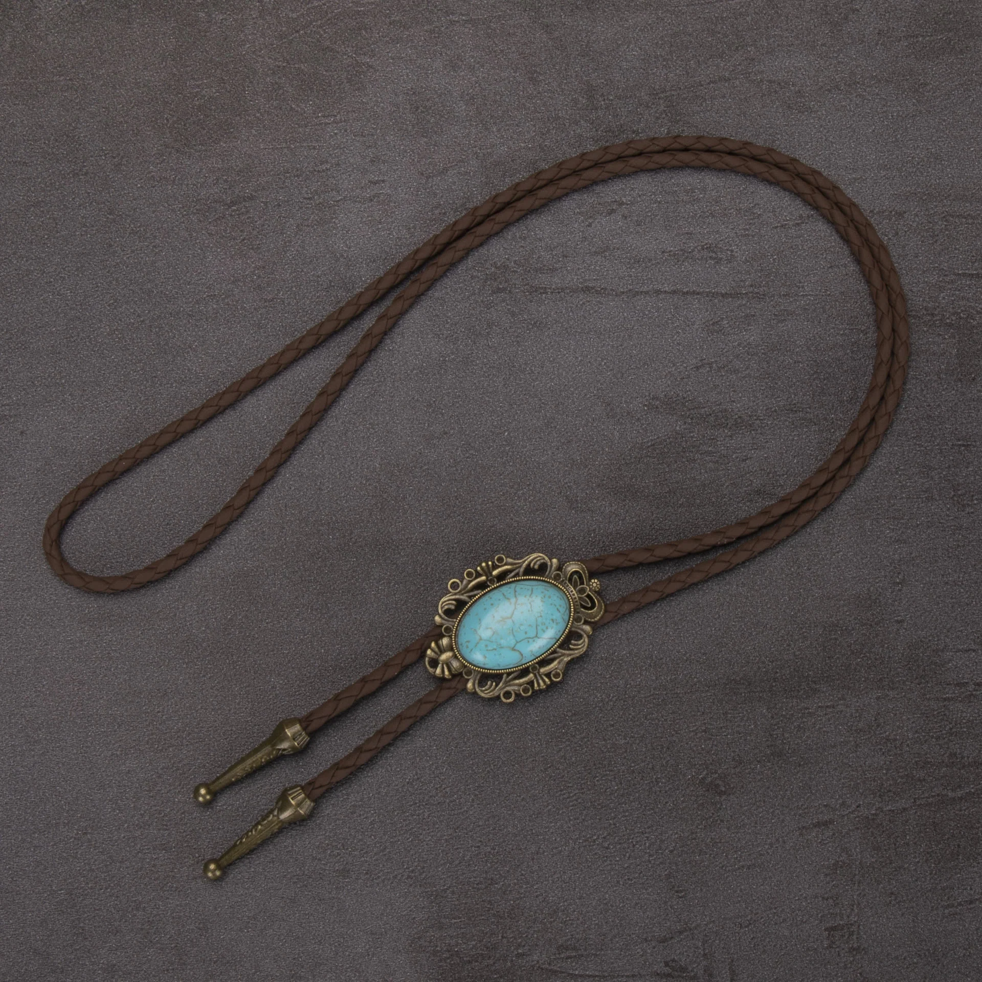 Retro Western Turquoise Elliptical Pendant Bolo Tie - Image 2