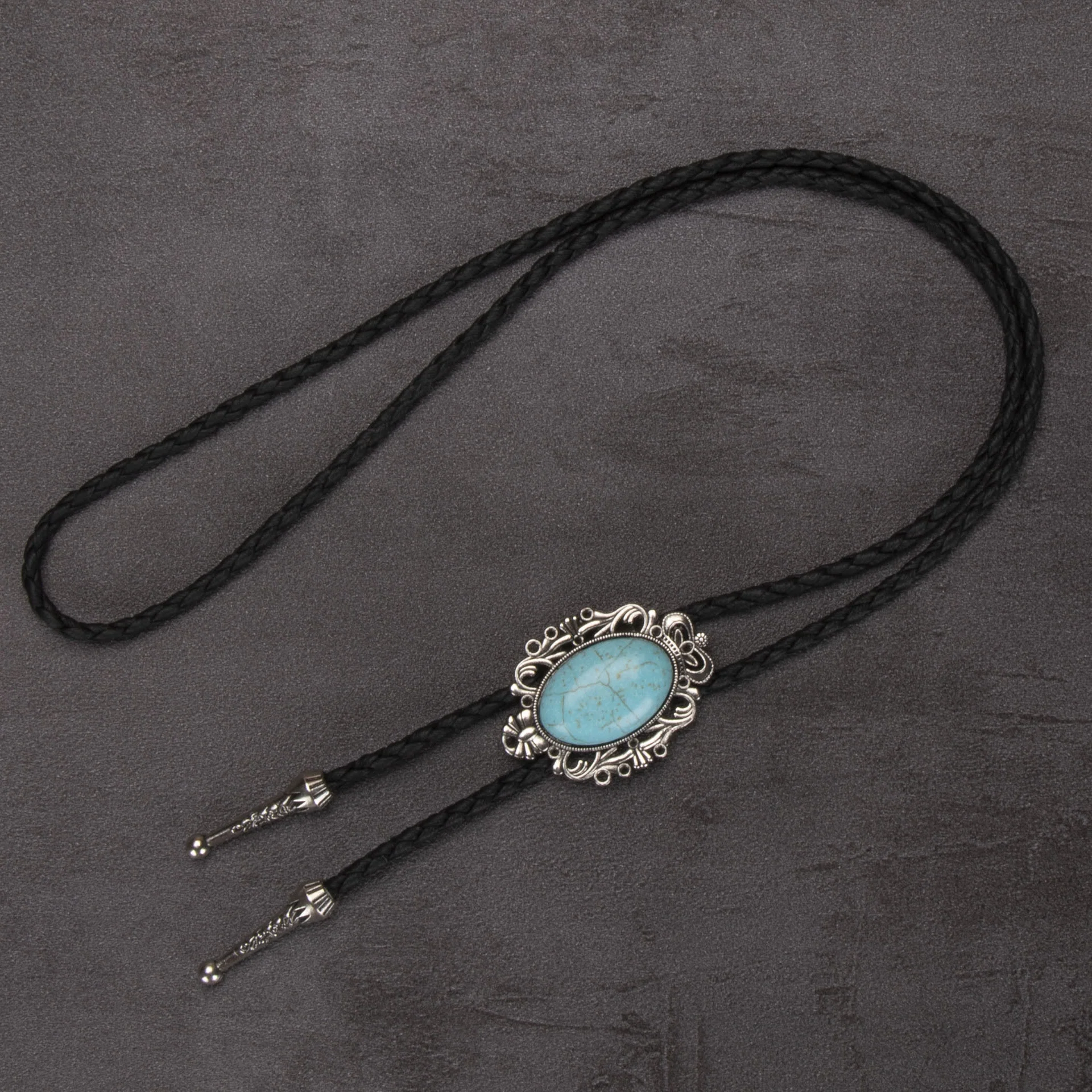 Retro Western Turquoise Elliptical Pendant Bolo Tie - Image 4