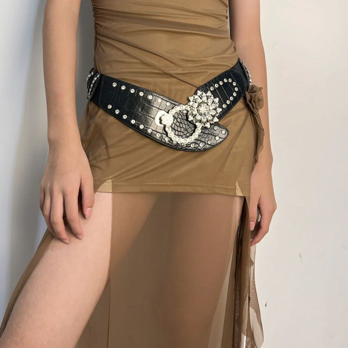 Rhinestone Splicing Wide Waist Belt Balck Corset Belt - Image 3