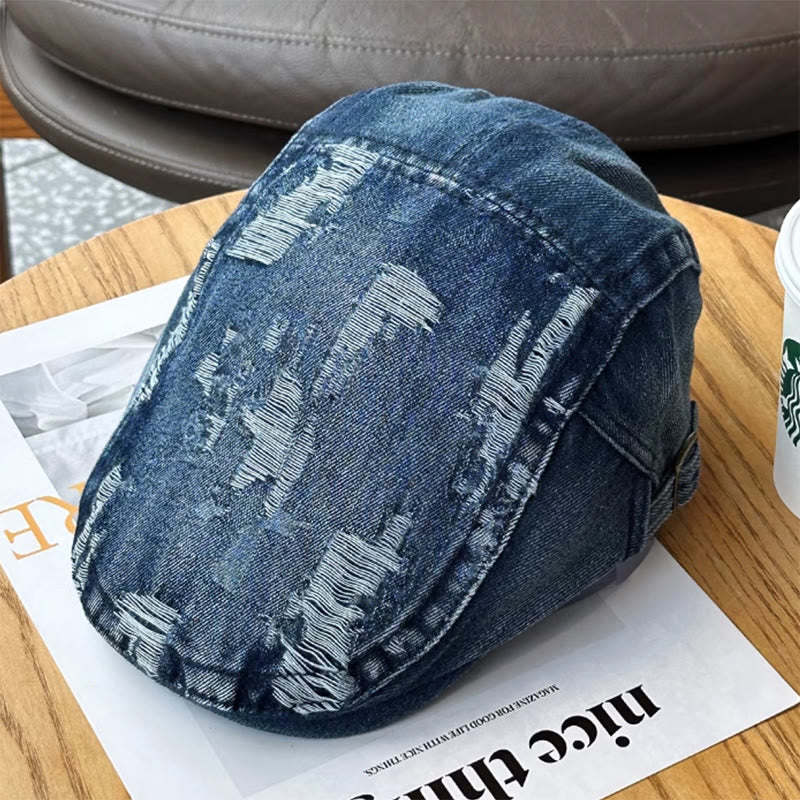 Ripped Washed Denim Newsboy Flat Cap Beret Cap - Image 2