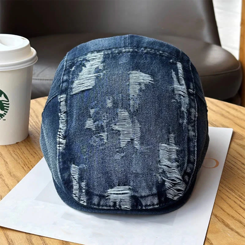 Ripped Washed Denim Newsboy Flat Cap Beret Cap - Image 3