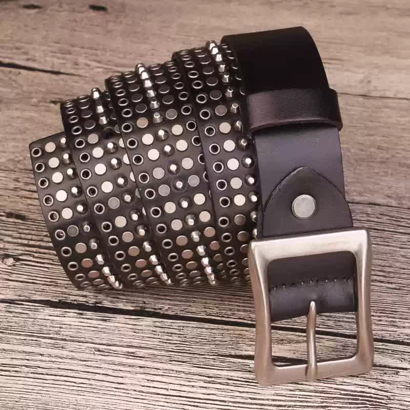 Rock Five Row Silver Studded Rivets Leather Belt - Image 2